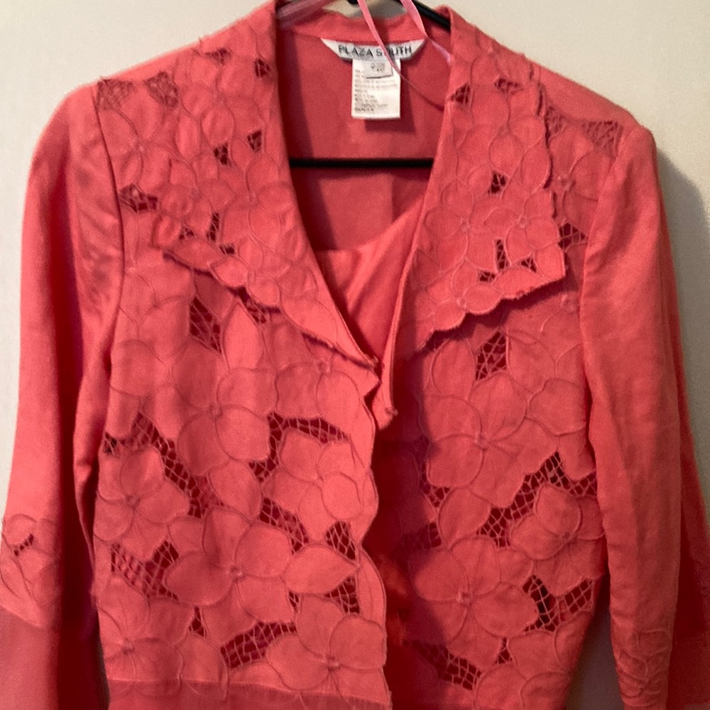 Bright tangerine/melon full length formal sleeveless dress & lacey jacket